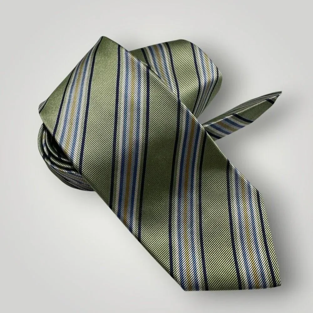 LANDS END Tie Striped 100% Silk Necktie Green/Black/White/Blue/Yellow NWOT